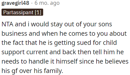 OP's son should handle his child support lawsuit on his own.