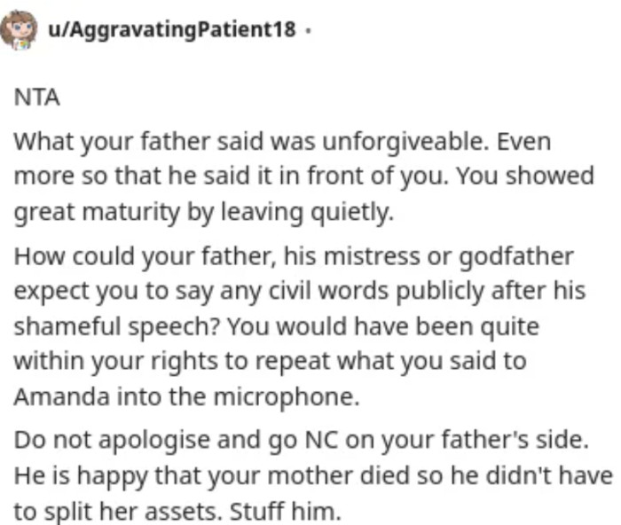 OP commendably confronts her father's inexcusable conduct.