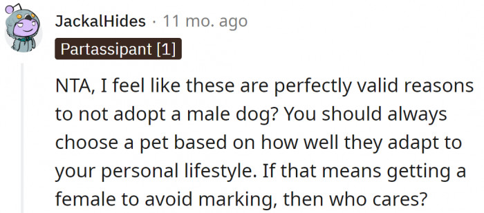 She should be allowed to choose a dog she can take care of