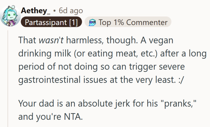 Nothing says “sense of humor” like ignoring someone’s dietary boundaries and calling it harmless.