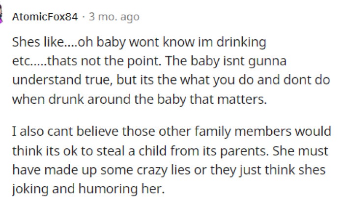 It's honestly unfortunate that she's viewing things this way, and it shows that she has almost no regard for her grandson's well-being.