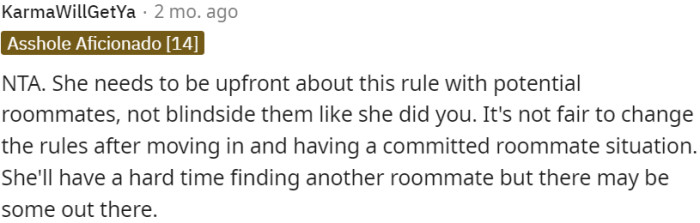Changing the rules after committing to a roommate situation is unfair