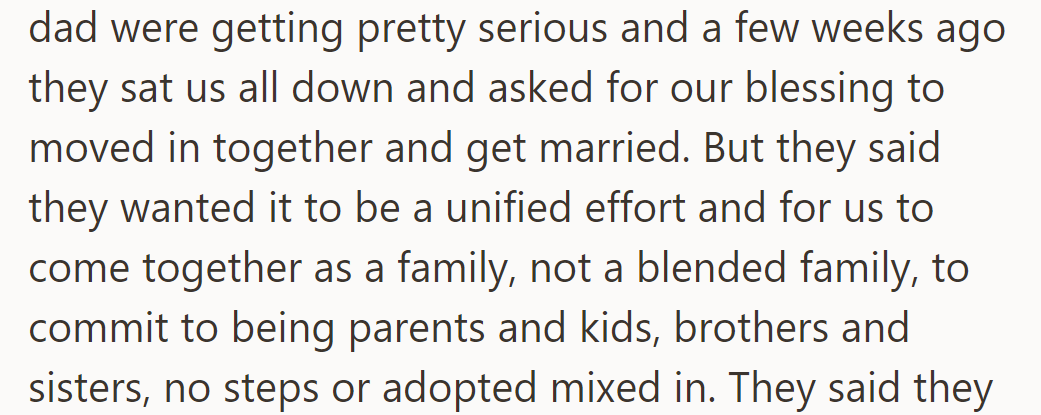 Jess and Dad asked for blessings to move in and marry, seeking a unified family commitment.