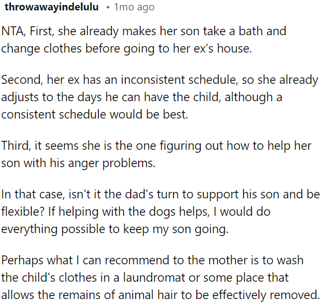 The mother ensures her son is clean before going to his dad's, adjusts to the dad's inconsistent schedule, and takes the lead in addressing her son's anger issues.