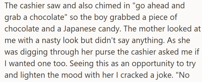 The mood shifted fast — what started as a friendly exchange suddenly felt tense when the mother glared without a word.