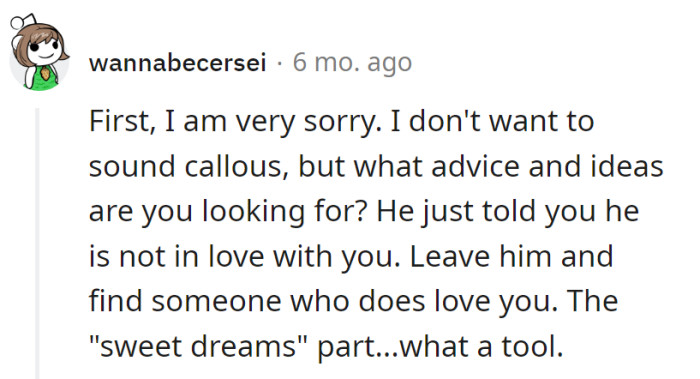 Sweet dreams and a wake-up call in one package. Time to upgrade to a partner who delivers both affection and honesty.