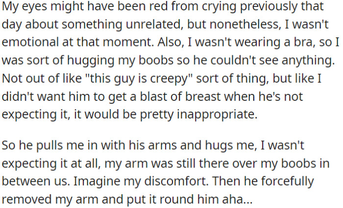 They had seemingly innocent interactions, but recently he shared a personal loss, leading to a deeper conversation and an awkward situation when he offered a comforting hug.