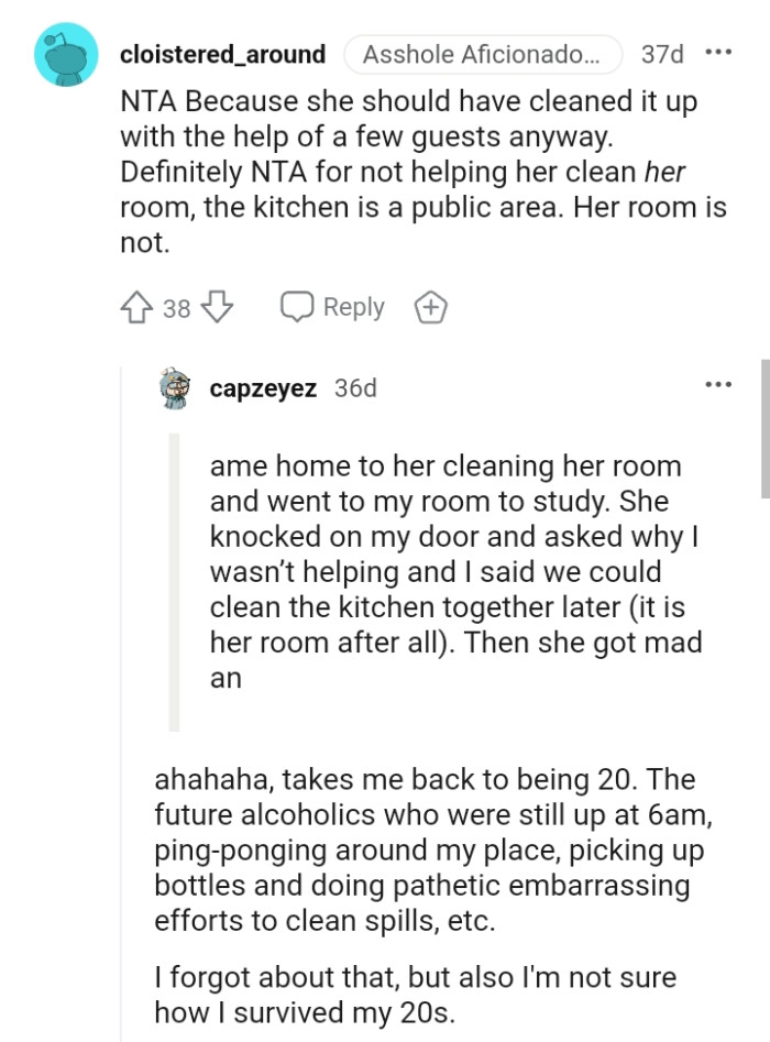 The kitchen is a public area, and that is where the OP has chosen to help her clean.