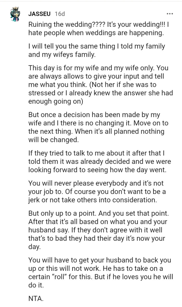 This Redditor is telling the OP the same thing he said to his family and his wife's family