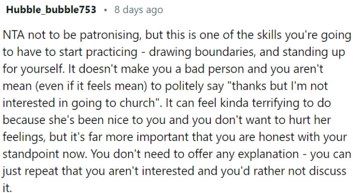 Politely declining the invitation to go to church doesn't make OP a bad person or mean.