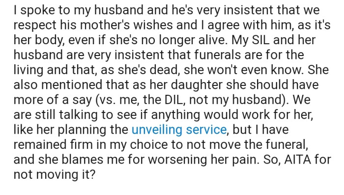 OP's husband is adamant that his mother's wish must be respected