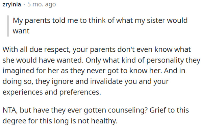 OP's parents may find it helpful to seek counseling to address their enduring grief.