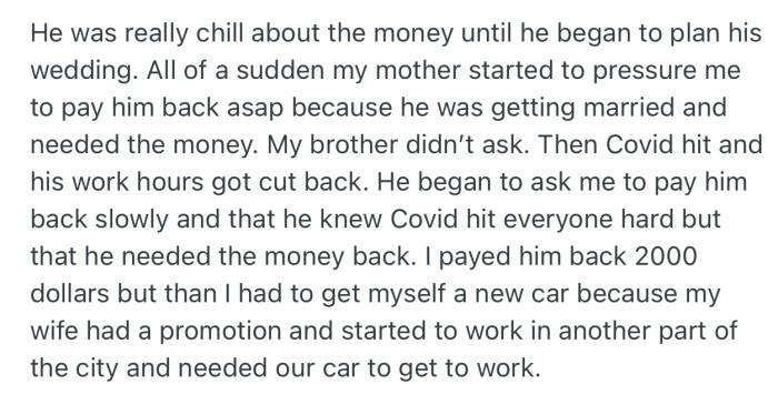Seth had always been chill about the money till it was time for him to plan his wedding. The fact that his work hours got cut also made him more desperate to get the money back from OP
