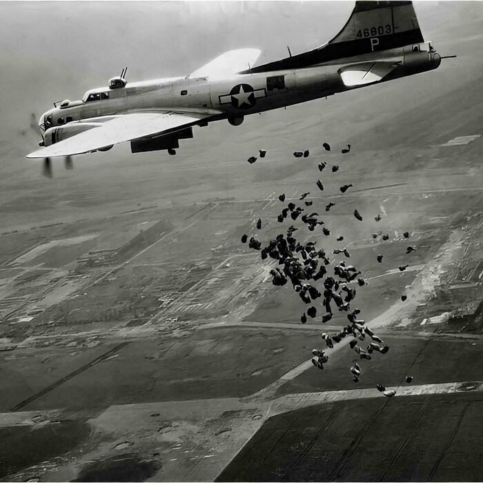 "As Part of Operation Chowhound in May 1945, an American B-17 Unloads a Load of Food for the Starving Dutch Population Above the Completely Destroyed Schiphol."