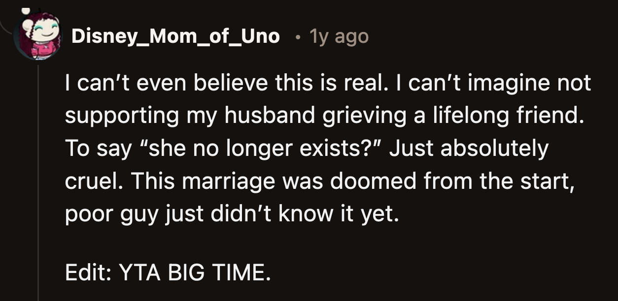 If her husband ever reads OP's post, he would know she isn't the right person to spend a lifetime with.
