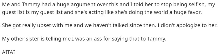 OP stated that they got into a huge argument, and her other sister is not on her side at all, so she wants to know if she is TA.