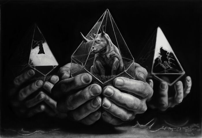 Hyperrealistic pencil sketch titled Ruin, with Goliath imagery and tense emotional contrast