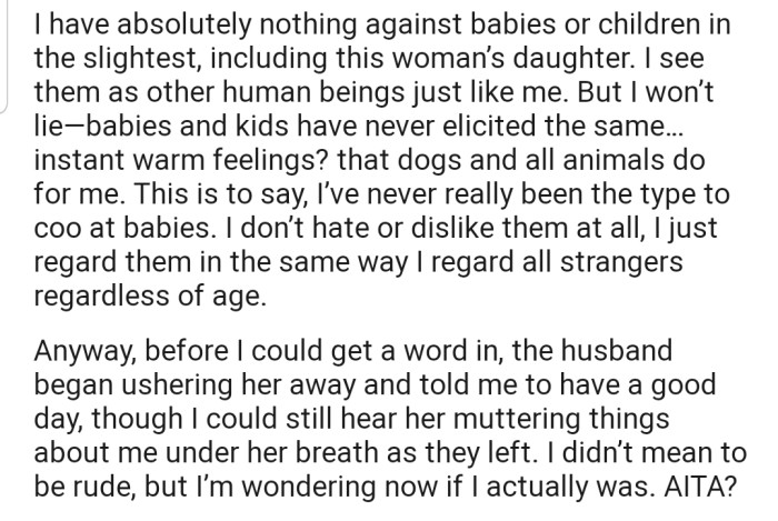 The husband had to step in and usher his wife away while wishing OP a good day