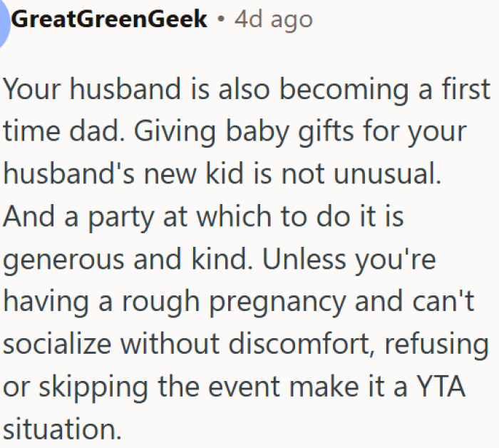 Refusing to attend a baby shower is selfish