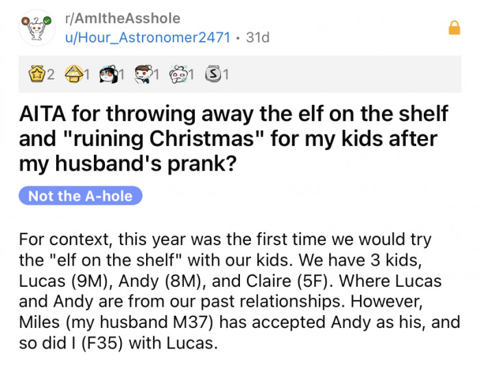 The OP shared a story about her recent experience with her family's especially naughty elf, Bob.