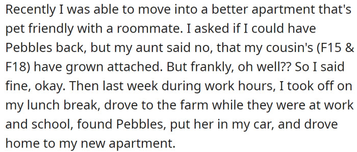 The OP asked them to take Pebbles back, but as they refused, she took the matter into her own hands: