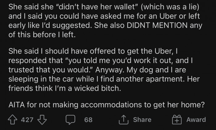 OP is currently sleeping in her car with her dog.