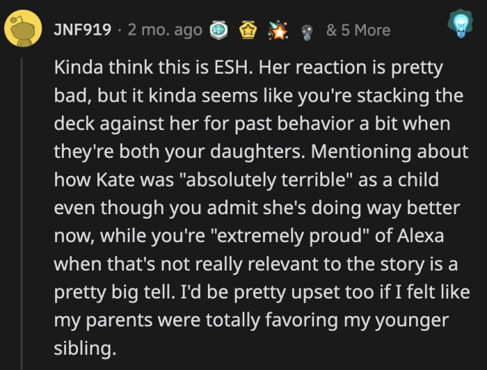 A commenter pointed out that Kate's reaction is not surprising since it looks like OP is using her past against her.