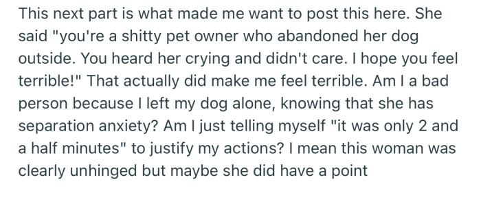 OP has been feeling guilty ever since the altercation, especially since they know that their dog has separation anxiety