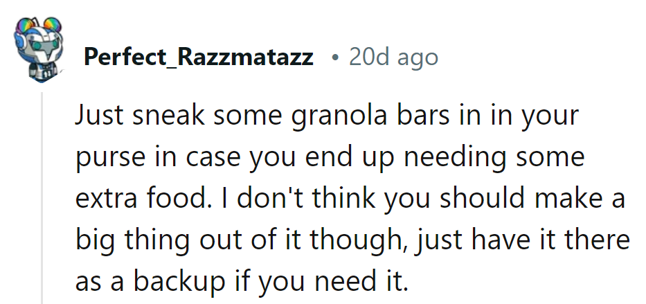 Purse stocked with granola bars: her seafood survival kit. Sneak snacks like a pro, ready for any hunger emergency!