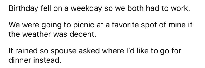 They had planned to go on a picnic if the weather was nice, but it turned out to be raining that day, so they went out for dinner instead.