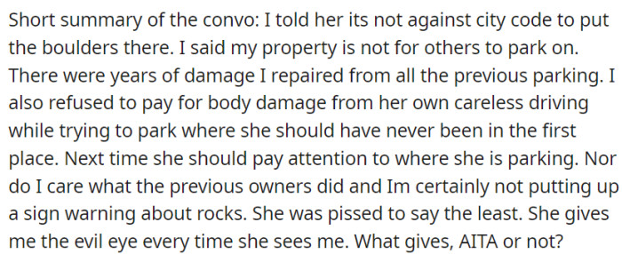 OP refused to pay for the neighbor's car damage caused by careless parking.