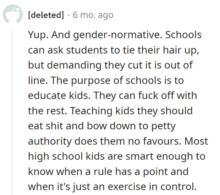 Schools, stick to education, not bad haircuts. Teach kids to discern rules from control games!