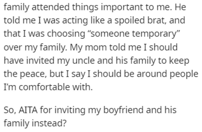 Her mother agreed that she should have invited her uncle and his family