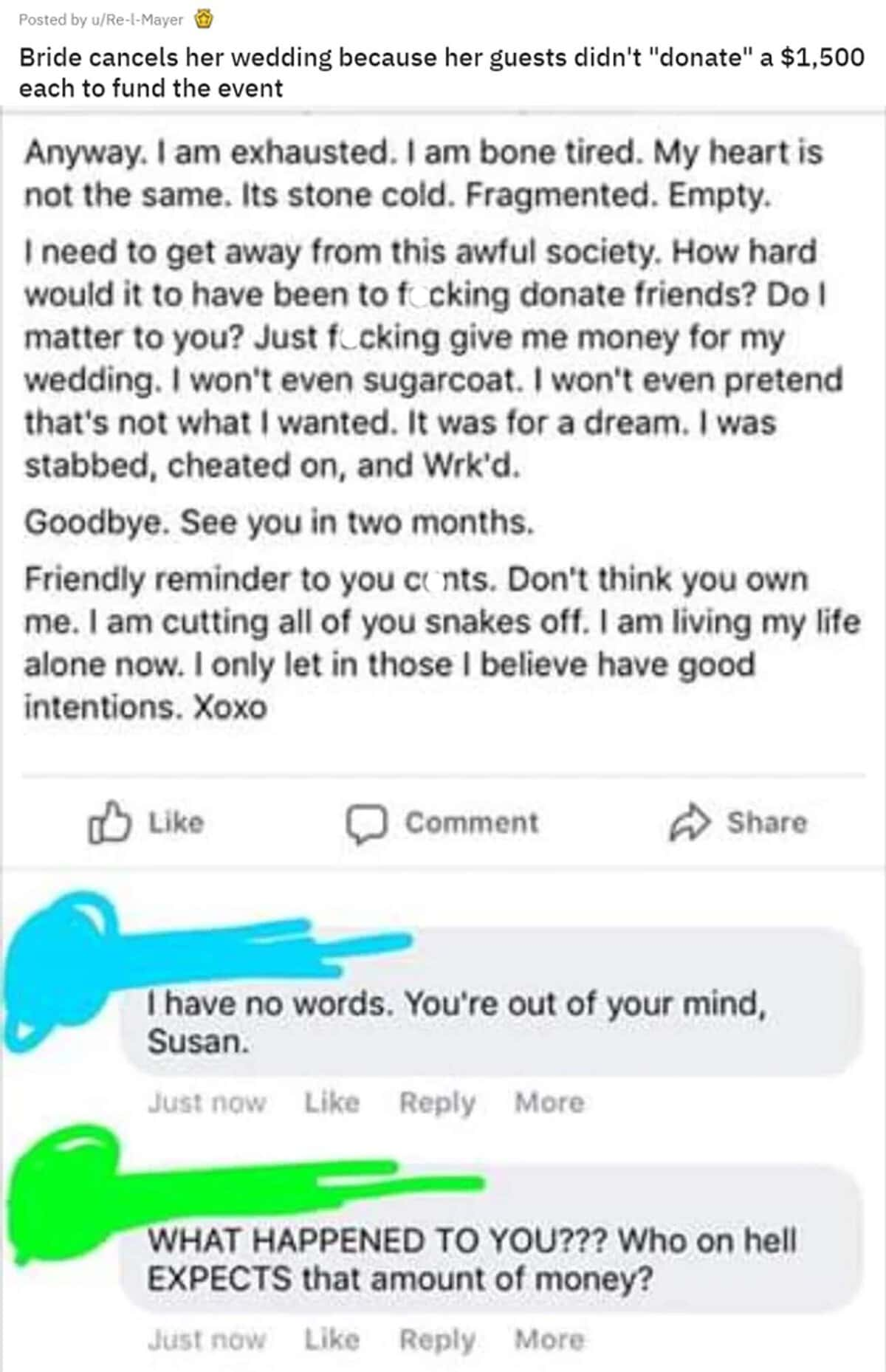 5. Bride cancels a wedding because the guests refused to donate $1,500 each to fund the event