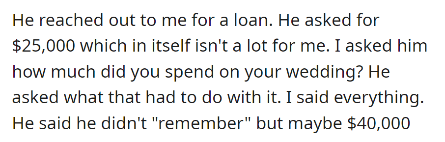 Mark then asked for a $25,000 loan. When questioned about wedding expenses, he vaguely recalled spending around $40,000.