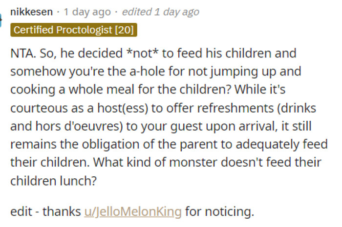 People came to the comments to let him know that he actually wasn't in the wrong for this and that the cousin should have fed his kids.