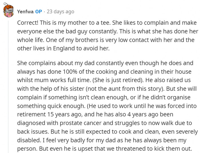 OP says that her mother likes to complain and make everyone else the bad guy constantly.