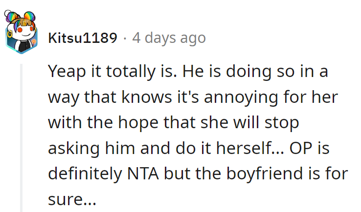 Boyfriend's playing the annoyance game, but OP's not biting.