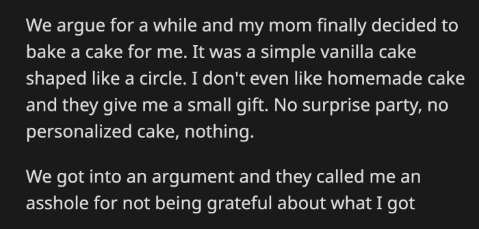 Her parents said that she should have been more grateful for what she got