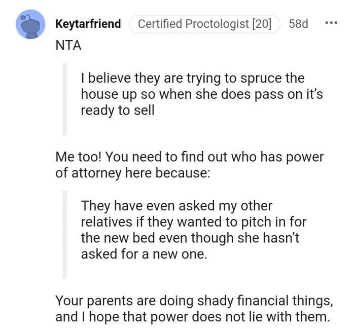1. OP's parents are already a step ahead of everyone for their greed