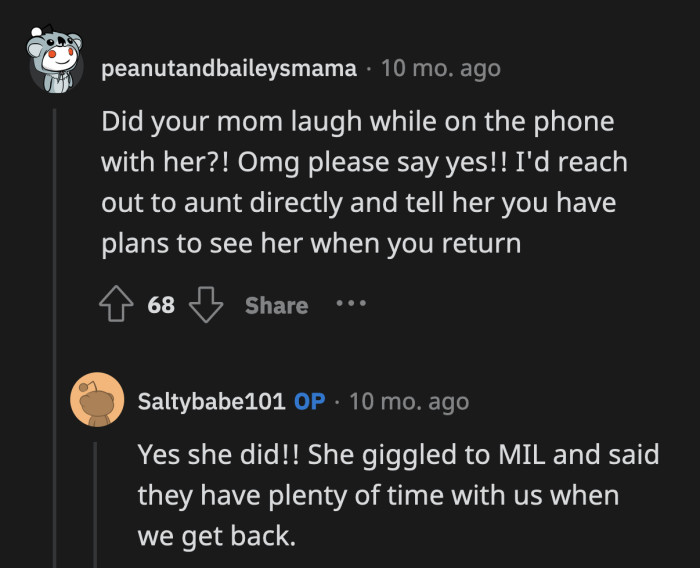 OP's mom handled that call like a champ. A ridiculous passive-aggressive request deserves nothing more than an incredulous laugh.