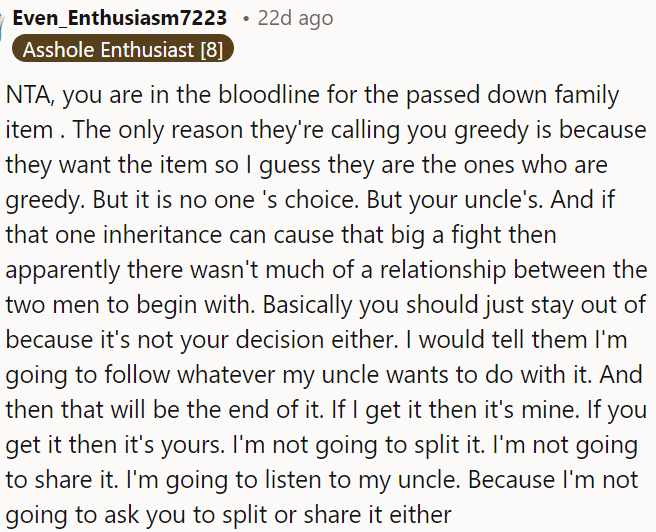 OP's inheritance is her uncle's decision.