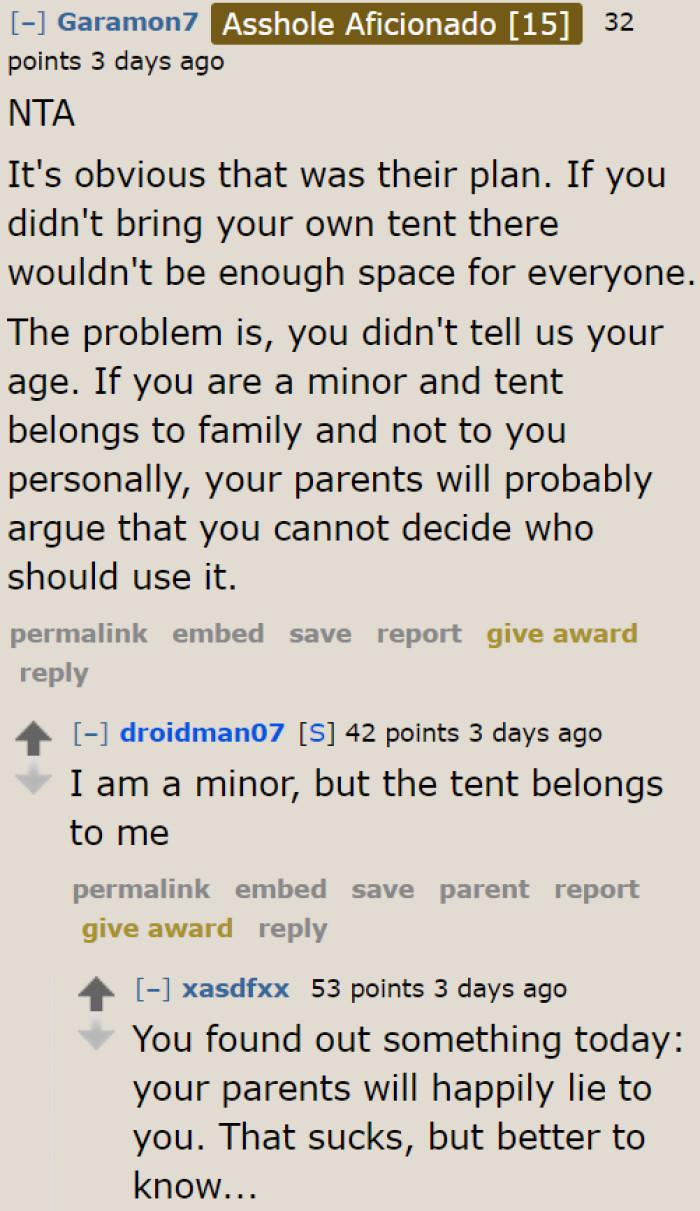 The OP clarified that while he's a minor, the tent is his.