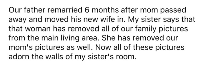 Six months after their mother passed away, the OP's father remarried.