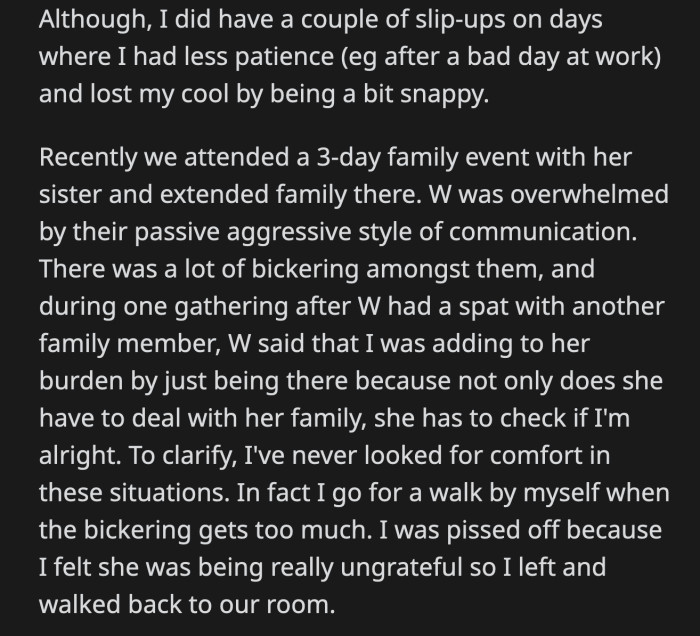 When things got contentious, OP went back to their room to process what her wife had just said.