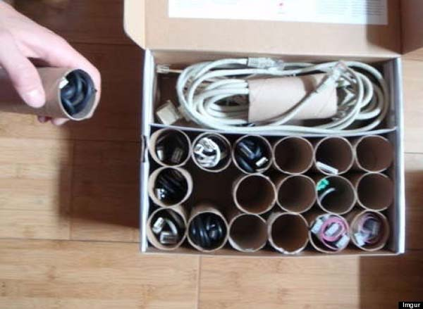 Toilet paper tubes can be used for organizing your wires.
