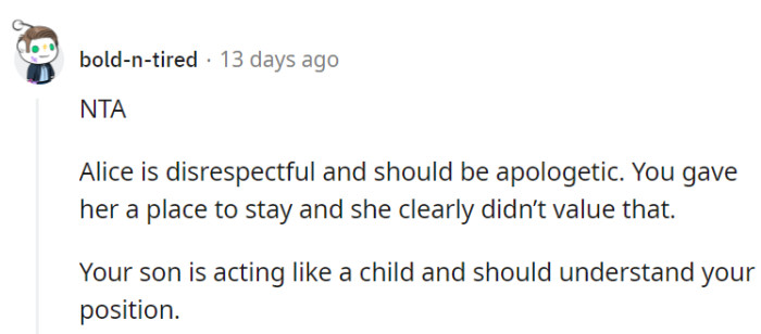 Alice parked at Disrespectville without an apology in sight.