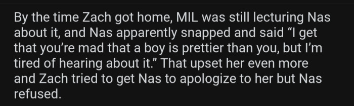 Nas eventually had enough of the MIL's harassment and snapped.