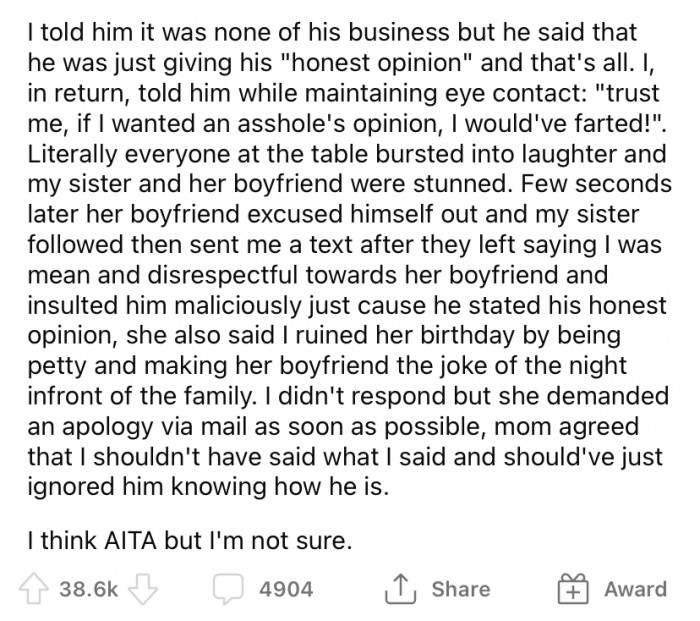 The OP told him it was none of his business, but he justified his harsh comments by saying he was 