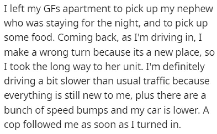 OP left his girlfriend's apartment to go pick up his nephew